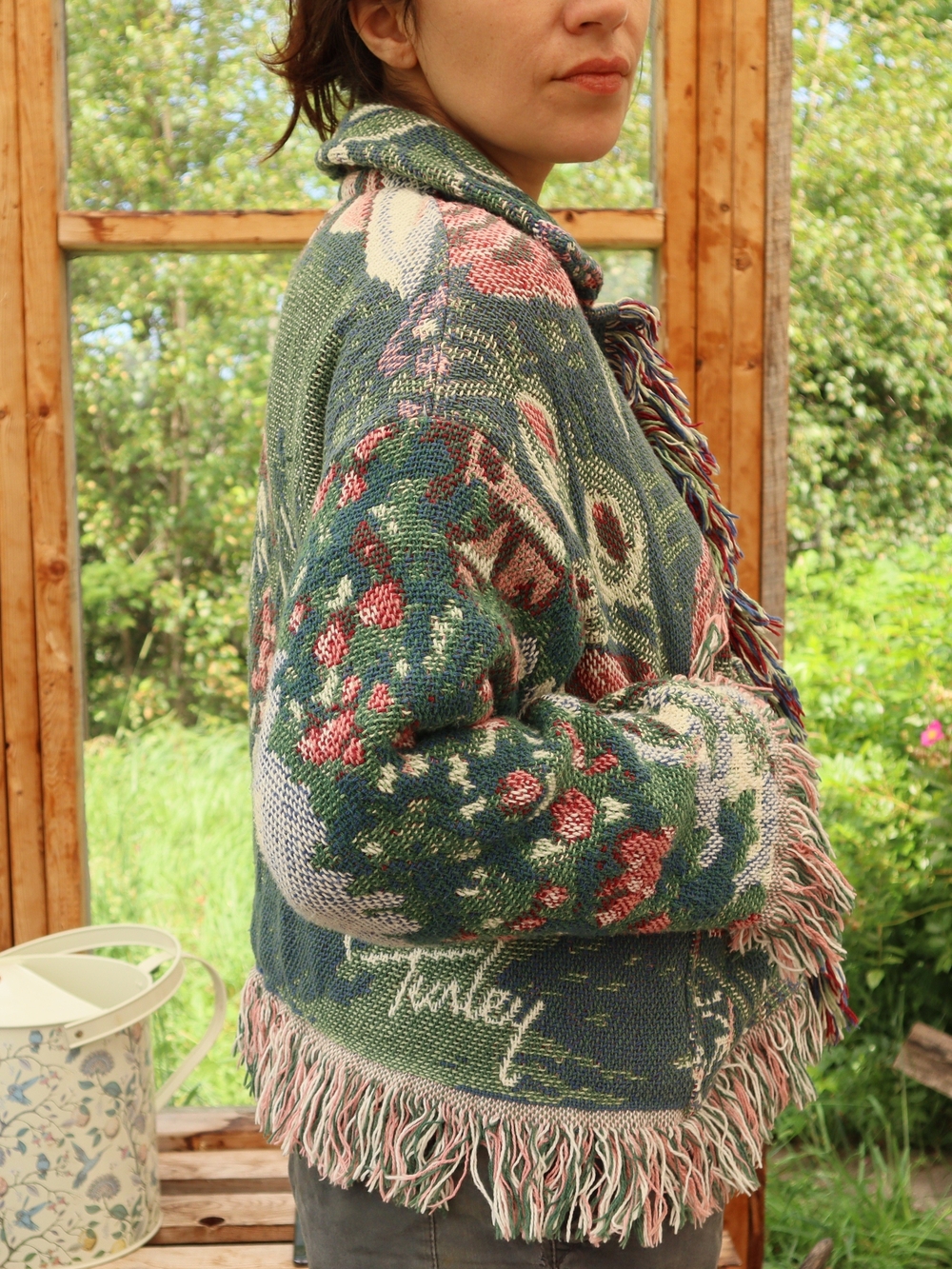 Upcycled Vintage Blanket Jacket With Fringe Garden Flowers Cottagecore - Picture 9 of 16